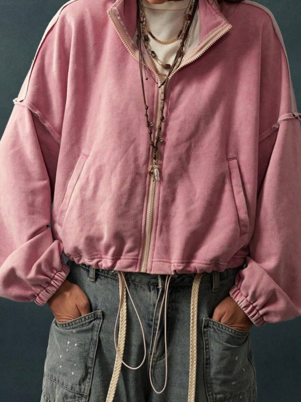 Rose Pink Raw Edge Zip Up Cropped Track Oversized Sweatshirt Jacket
